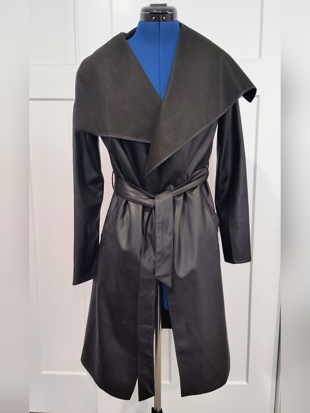 Love Tree Black Faux-Leather Trench with Oversized Shawl Collar